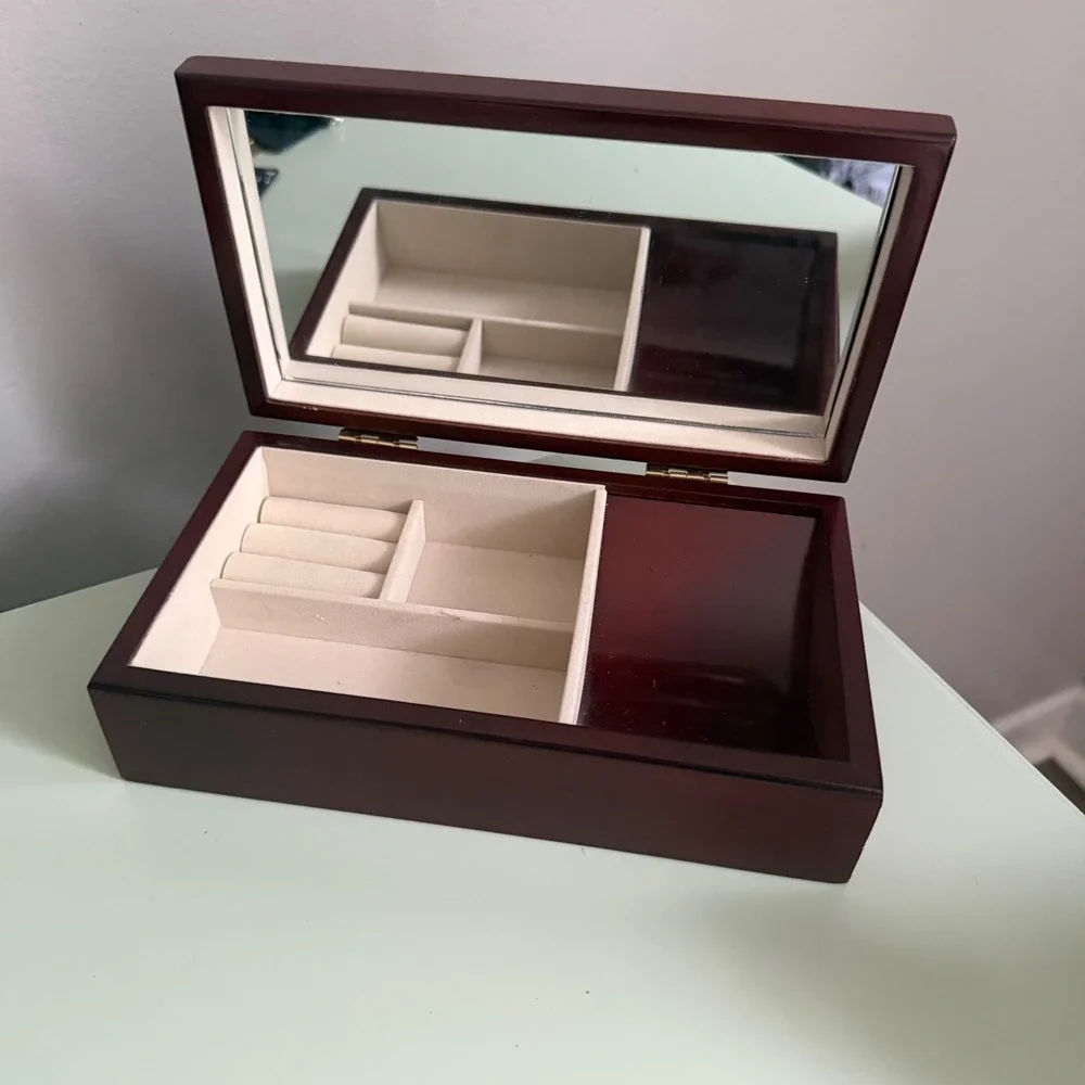 Wooden Floral Jewelry Box Mirror Ring Organizer Mahogany Finish Cottagecore